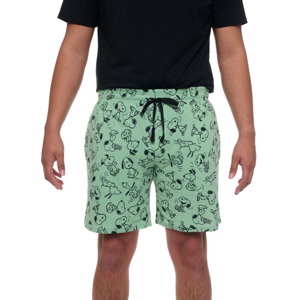 New Mens Peanuts Snoopy Pajama Sleep Shorts Pockets Green